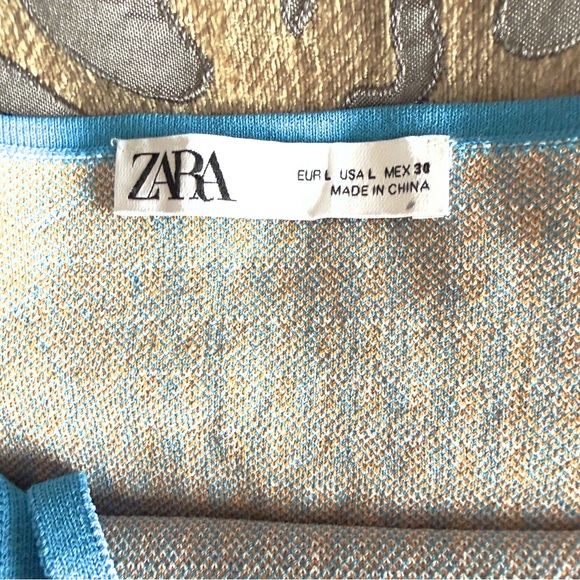 Zara Blue Gingham Daisy Knit Mini Dress Size Large - Picture 11 of 12